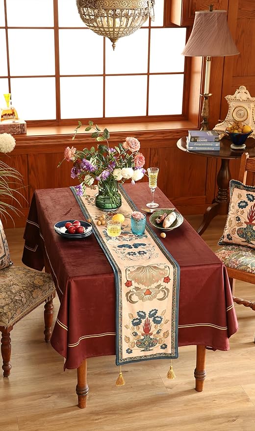 patdrea Designer Casual Wild Floral Velvet Table Runner 102 Inch Long, Brown Occult Bouquets Pattern Table Mat, Decoration for Kitchen Dining Coffee Table Cabinet Banquet Thanksgiving,12"*102"
