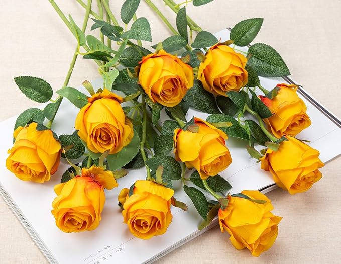Flojery 10pcs Artificial Rose Flowers Long Stem Fake Silk Roses for DIY Wedding Bouquet Table Centerpiece Home Decor (Orange)