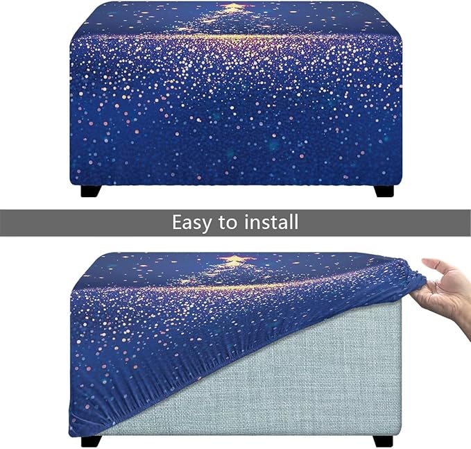 Blue Christmas Tree Ottoman Cover Rectangular Ultra Soft Stretch Ottoman Slipcover Easy Install Rectangle Storage Footstool Covers Furniture Protector for Living Room Decor Size L