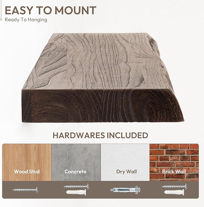 Marsmiles 24 inch Floating Shelves for Wall Elm Wood Live Edge Shelves|Rustic Wall Shelves with Invisible Heavy-Duty Bracket for Bathroom Living Room Kitchen|Walnut, 2 Pack