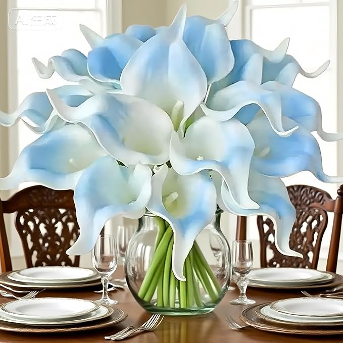 12PCS Realistic Calla Lily Artificial Flowers - 13.5" Latex Real Touch Faux Lilies for Wedding Bouquets, UV Resistant Outdoor Decor & Home Centerpieces (Light Blue)