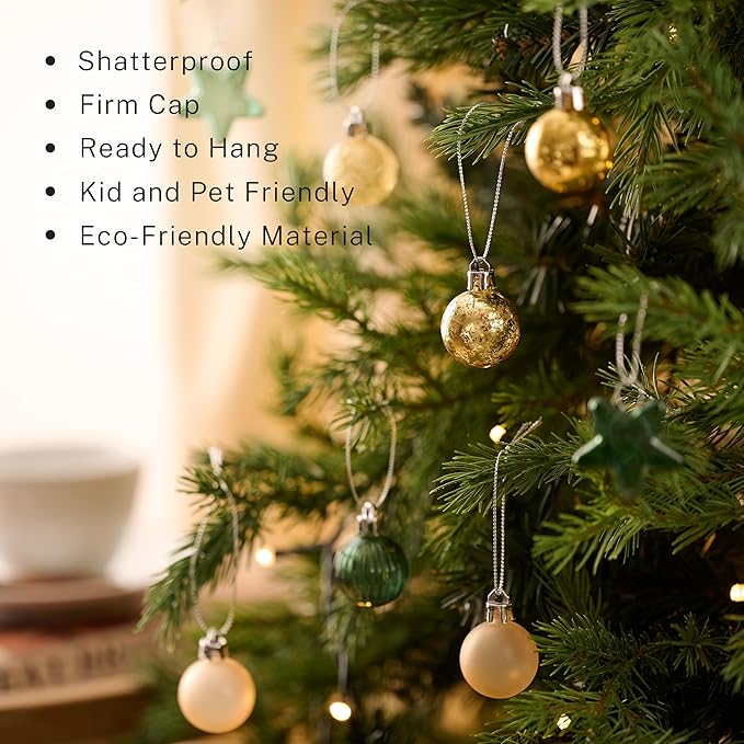 DecorbyHannah Mini Christmas Tree Ornaments, 35ct 1.18inches Green Gold Christmas Ball Ornaments for Tree Decorations, Small Clear Shatterproof Plastic Hanging Balls Bulk for Xmas, Party, Wedding