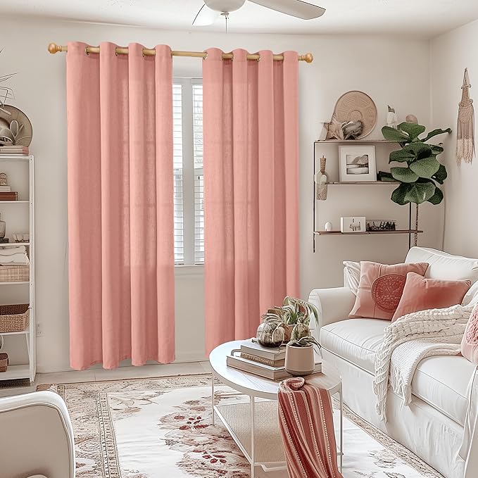YoungsTex Dusty Rose Linen Curtains for Living Room 80 Inches Length, Light Filtering Grommet Window Drapes No See Through for Girls Bedroom Nursery Spring Decor, 2 Panels, 52 X 80 Inch