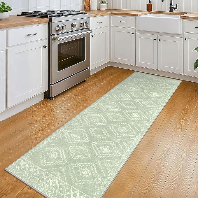 KILOCOCO Boho Kitchen Runner Rug 2x6 Washable Soft Runners for Hallways Non Slip Printed Distressed Laundry Room Rugs, Low-Pile Rugs for Entryway/Bedroom/Living Room, Grey Green