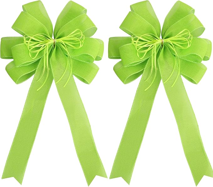 2 Pack Green Christmas Tree Bows 12x20inch Large Burlap Wreath Bow with Glitter String for Grinch Halloween Christmas Tree Topper Home Front Door Decor,Easter Bow,St. Patrick's Day Bow