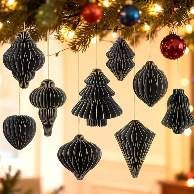 12Pcs Black Paper Christmas Party Decorations, 3D Honeycomb Paper Hanging Ornaments with Glitter, Finial Honeycomb Lantern Mysterious and Unique Ornaments for Christmas Tree Halloween Wonderland Party