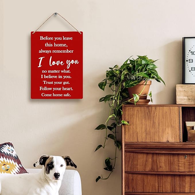 FUGWN Before You Leave This Home Always Remember I Love You Sign Hanging Wooden Signs 8x10, Entryway Wall Decor, I Love You Sign, Love Wall Decor, Inspirational Motivational Wall Decor(Red)