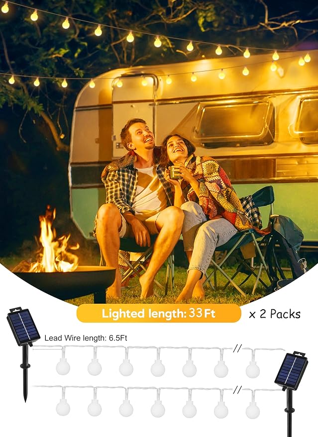 Brightown Solar Lights Outdoor Waterproof, 2 Packs Total 66Ft 200 LED Globe Solar String Lights for Outside, 8 Modes Outdoor Solar Lights for Yard Balcony Patio Tree Canopy Party (Warm White)