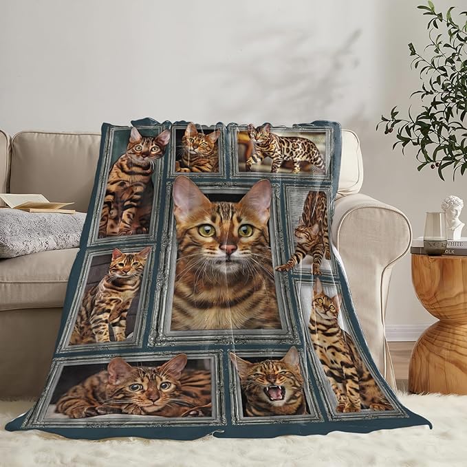Tijuboni Bengal Cat Throw Blanket Cat Gifts for Girls Boys Women Men Kids Adults Soft Flannel Fleece Blanket for Couch Sofa Bed Home Decor 50"x60"