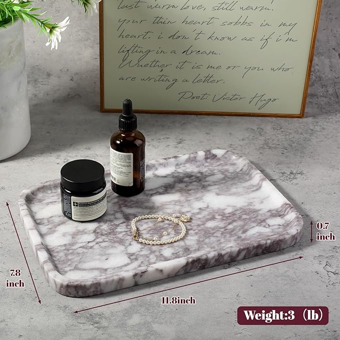 Luxury Marble Vanity Tray, Bathroom Tray Countertop, Calacatta Marble/Stone, Home Decorative Dresser Organizer, Storage for Kitchen Sink, Perfume Jewelry Holder(Purple&White)
