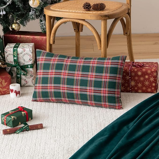 AQOTHES Pack of 2 Christmas Plaid Decorative Throw Pillow Covers Scottish Tartan Cushion Case for Farmhouse Home Holiday Decor Red and Green, 12 x 20 Inches