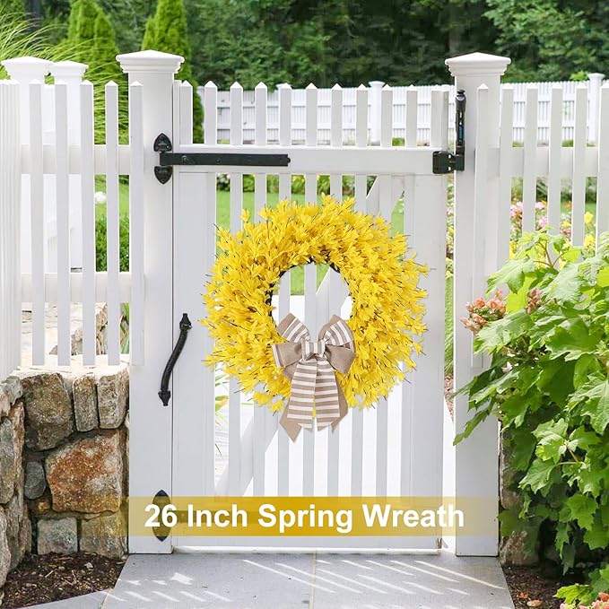 26 Inch Spring Wreaths for Front Door Large Forsythia Floral Summer Door Wreath Outdoor All Season Wild Wreath for Easter Valentines Home Living Room Porch Yard Window Farmhouse Decor (Yellow)
