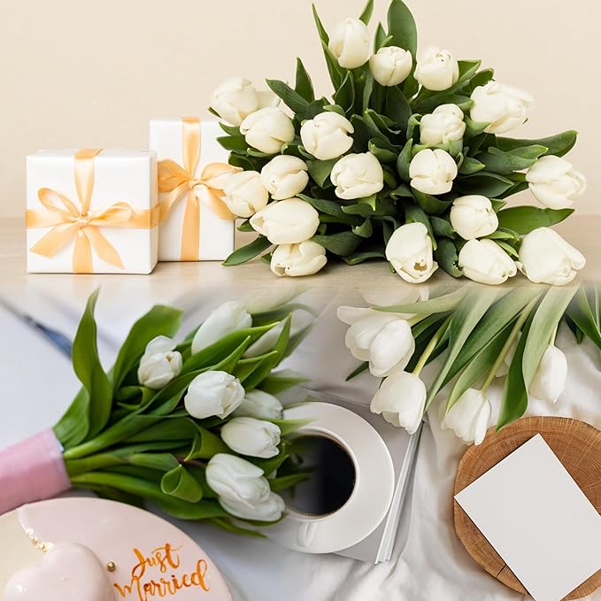 Sggvecsy 15 Pcs Fake Tulips Artificial Flowers Real Touch PU Faux Flowers Tulip Stems for Wedding Spring Bouquet Floral Arrangement Home Party Office Decorations for Mother's Day (White)