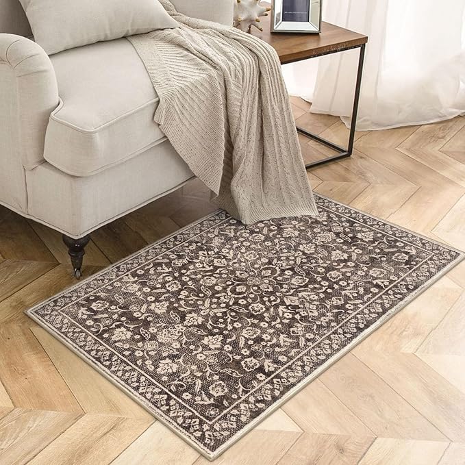 Vintage Entryway Rug Indoor, Rust Brown Red Washable Rug 2x3, Small Area Rug with Non-Slip Backing, Floral Print, Thin Faux Wool Super Soft Door Mat for Kitchen, Entrance, Bedroom, Office