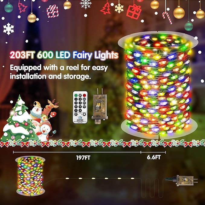 KNONEW 203FT Outdoor Christmas Fairy Lights Plug in,600 LED String Lights Outdoor Waterproof 8 Modes Memory Times for Wedding Bedroom Walls Garden Trees Decoration(Multicolor)