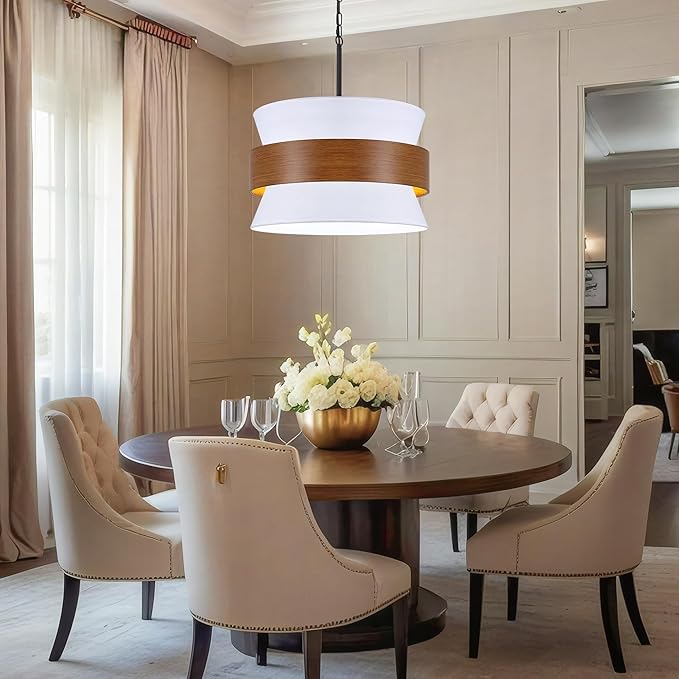 5 Lights White Drum Farmhouse Chandelier for Dining Room,19.68" Modern Large Drum Fabric Light fixture,Adjustable Rustic Metal Imitation Wood Round Pendant Light for Living Room Kitchen Island Bedroom
