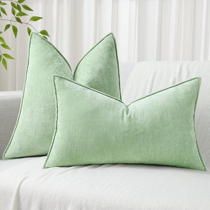decorUhome Christmas Couch Throw Pillow Covers 12x20 Set of 2, Decorative Soft Euro Velvet Neutral Chenille Lumbar Pillow Covers with Elegant Design for Sofa Bed Living Room Home Decor, Sage Green