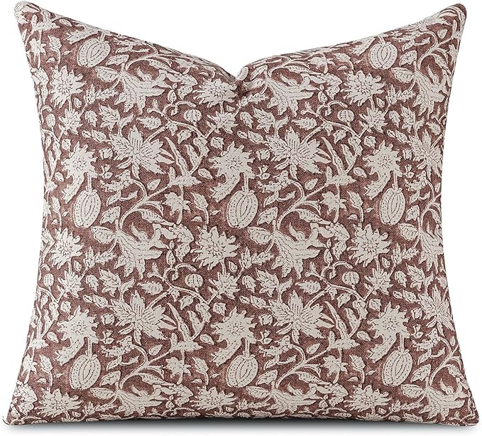Amor Virisso Floral Throw Pillow Covers 18x18 Couch Pillows for Living Room Decorative Accent Pillow Covers Block Print Farmhouse Neutral Pillow Covers Sofa Pillows 1PC, Brown