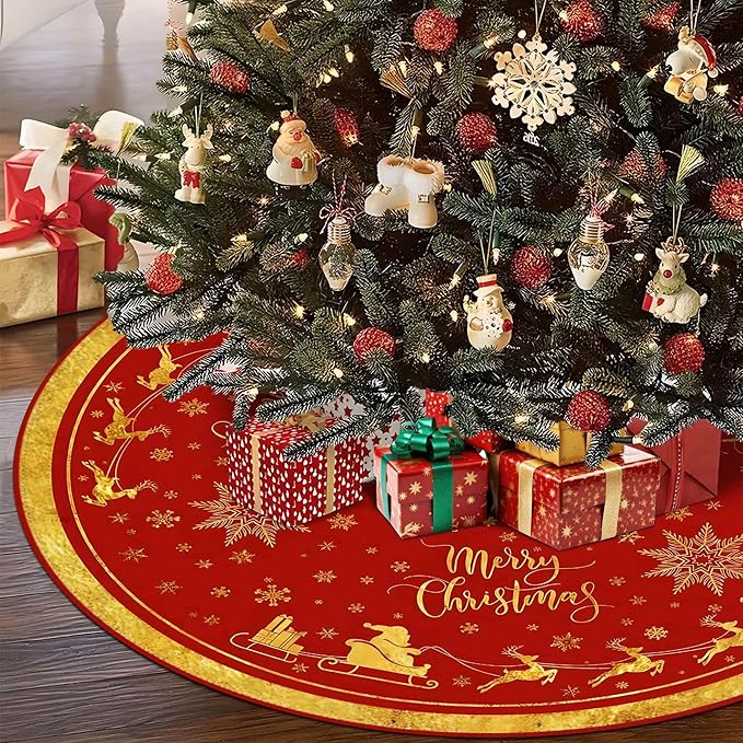 Christmas Tree Skirt 36 Inch, Gold Santa Reindeer Snowflake Merry Xmas Decor, Winter Christmas Tree Mat for Home Party Holiday Indoor Outdoor Decorations