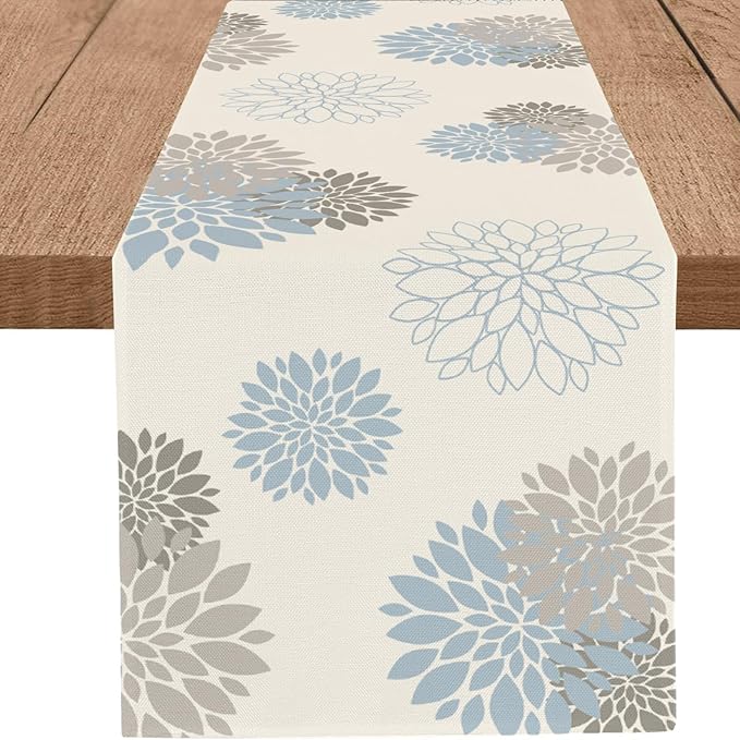 Light Blue Grey Table Runner Wild Dahlia Pinnata Flower Table Runners Modern Elegant Pompon Farmhouse Geometric Table Center Decor for Home Dining Party Entrance Patio (13x48 Inch)