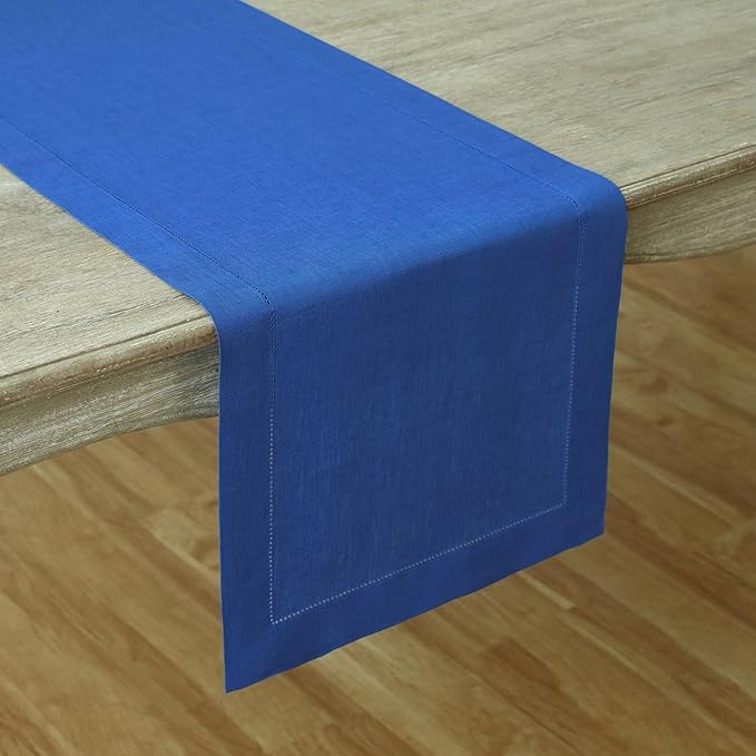 Solino Home Linen Royal Blue Table Runner 120 Inches Long - 100% Pure Linen 14 x 120 Inch Table Runner for Spring - Classic Hemstitch