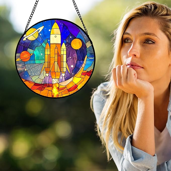 Stained Glass Window Hanging Abstract Universe Planetary Rocket 7.8" - Suncatcher Door Garden Sun Catcher Home Decor Birthday Children's for Men Teenage Boys Kids