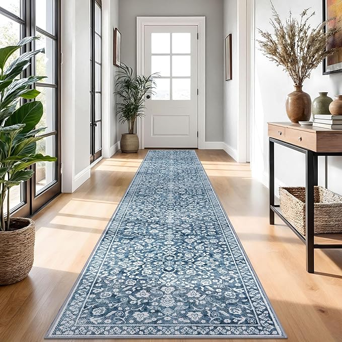 Vintage 2.6x18 Hallway Runner, Blue and White Washable Non-Slip Long Hallway Carpet, Super Soft Kitchen Runner, Print Faux Wool Floral Thin Carpet for Entryway