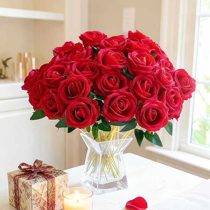 HyeFlora 50 PCS Red Roses Artificial Flowers, Fake Roses with Stems Realistic Silk Roses for DIY Wedding Bouquets Tables Centerpieces Arrangements Party Baby Shower Birthday Home Decor Gift for Her