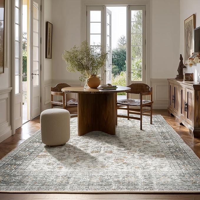 Machine Washable Rugs for Living Room: 5x7 Area Rugs for Bedroom Vintage Stain Resistant Non Slip Low Pile Soft Boho Carpet for Kitchen Dining Room Farmhouse Kids Room Nursery