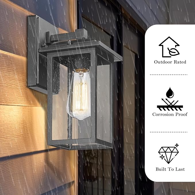 Outdoor Wall Sconce 1 Pack, Exterior Light Lantern Fixture, Porch Lights Lamp Outdoor Wall Mounted in Black Finish with Seeded Glass for House, Garage, Patio, Yard, Garden