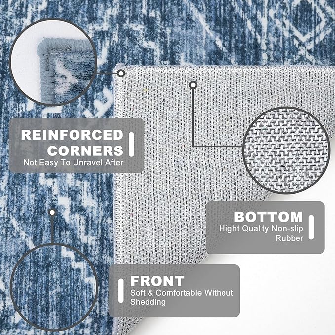 KILOCOCO Boho Entryway Rug 3x5 Area Rug Washable Non Slip Printed Throw Rugs Soft for Kitchen Living Room Dining Bedroom Geometric Moroccan Carpet, Blue