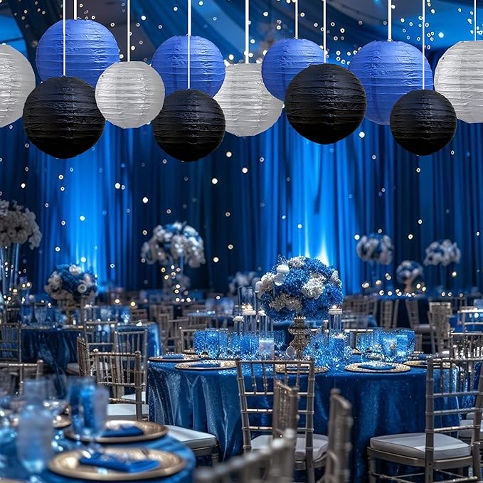BEISHIDA Blue Black Silver Round Paper Lanterns Decorative Hanging Asia Chinese Japanese Paper Lanterns Lamp for Birthday Graduation Baby Shower Wedding Home Decor Outdoor Party Decoration(12Packs)