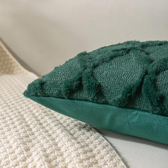 Set of 2 Soft Moroccan Throw Pillow Covers 20x20 Inch Plush Boho Decorative Pillow Cover Accent Cushion Case for Couch Sofa Bed, Dark Green