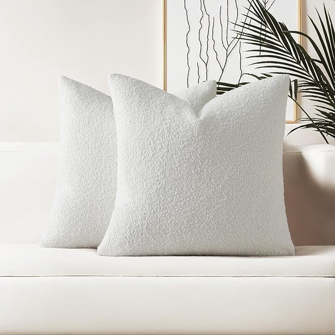 HAUSSY Christmas White Set of 2 22x22 Decorative Throw Pillow Covers, Soft Cozy Textured Boucle Couch Cases, Home Decor for Couch Bed Living Room