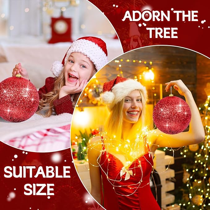2Pack Red 8" Large Christmas Balls Christmas Tree Decoration Ornaments Shatterproof Glitter Christmas Hanging Balls for Christmas Tree Party Wedding Indoor Outdoor Holiday Decoration(Red, 8inch-2pcs)