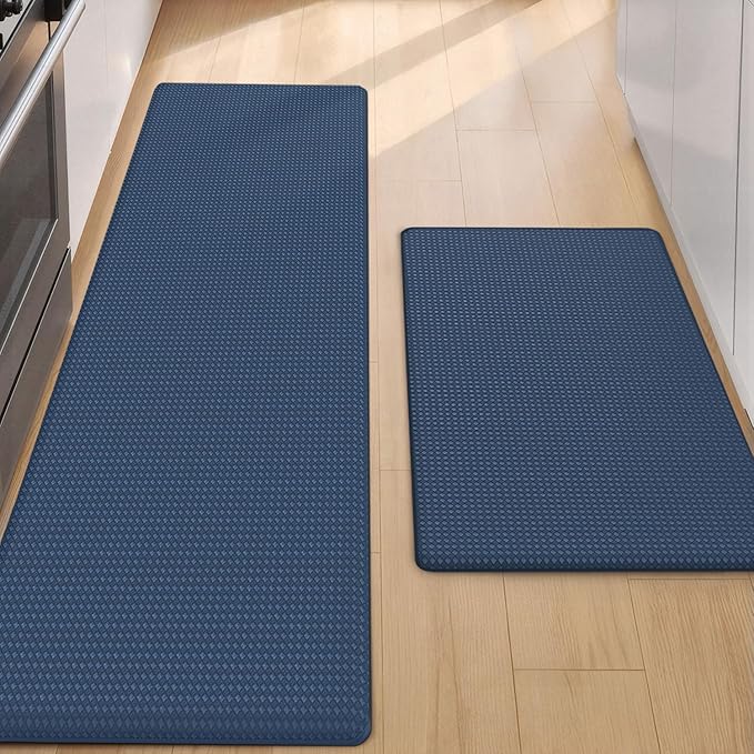 Color&Geometry Anti Fatigue Cushion Padded Kitchen Mat for Floor - 17x29+17x59,Easy Clean, Waterproof & Oil Proof, Anti Slip, Foam Rubber Runner Rug for Front Sink Comfort Standing, Blue Set of 2