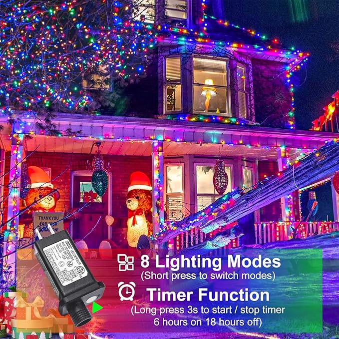 Christmas Lights Outdoor, 66FT 200 LED Christmas String Lights with 8 Modes Waterproof, Connectable Twinkle Light Green Wire for Indoor Xmas Patio Yard Party Holiday Decorations, Multicolor