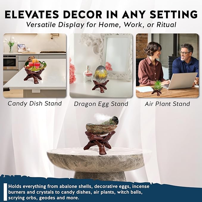 Alternative Imagination Wooden Tripod Display Stand – 4-Inch Hand Carved Holder Made from Sustainable Mango Wood – Folding Reddish-Brown Stand for Abalone Shell, Crystal Ball, Key Bowl, Trinket Dish, Incense, Decor and More
