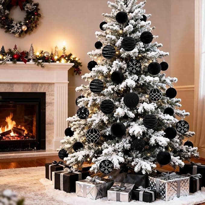 Artmag 16Pcs Velvet Christmas Ornaments Balls Sets for Christmas, Plastic Shatterproof Xmas Tree Flocked 2.36 inch Ornaments Balls for Winter Holiday Decor (Black)