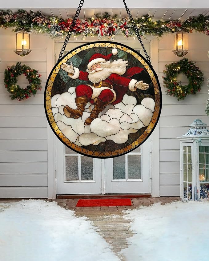 Stained Glass Window Hanging - Red White Santa Claus Clouds Suncatcher for Doors Home Christmas Decoration Sun Catcher Thanksgiving New Year Birthday Gifts for Friend Women Men Mom Nana 15 in