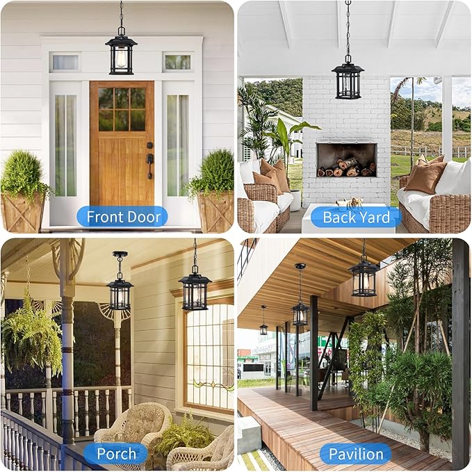 10.25'' Porch Pendant Lights - Dusk to Dawn Black Exterior Hanging Lanterns, Farmhouse Outdoor Ceiling Light Fixture, Waterproof Tempered Seed Glass Chandelier 1Pack