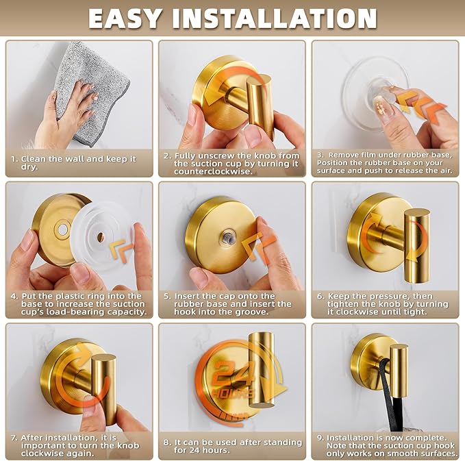 Suction Cup Hooks for Shower - Bathroom Reusable Hooks for Towels, Robes & Loofah - No-Drill Mounting on Kitchen,Walls,Metal,Glass,Mirrors,Tile & Smooth Non-Porous Surfaces (2, Brushed Gold)