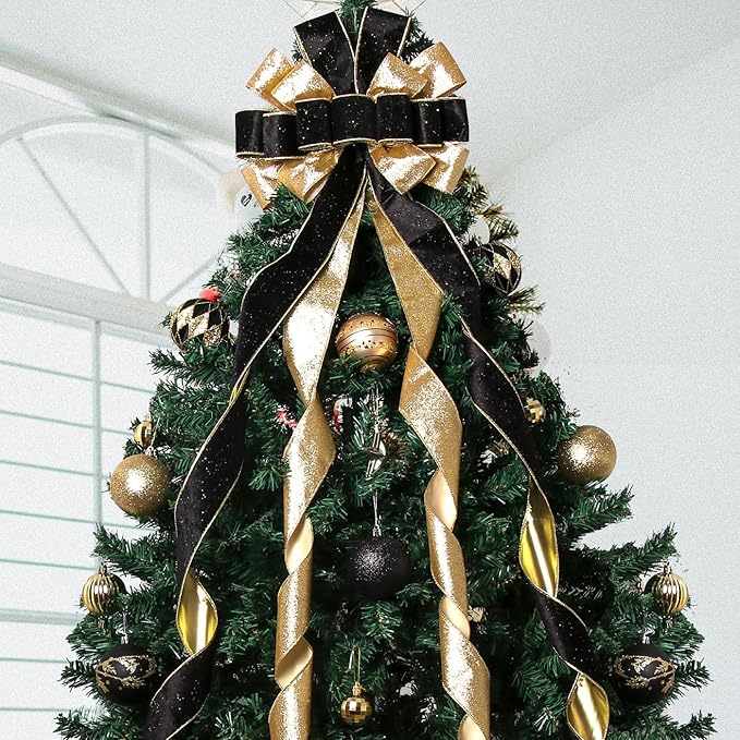 Christmas Tree Topper Wreath Bow Christmas Decorations, 52 * 13 inches Tree Toppers Bow with Gold Ribbon for Xmas Tree Christmas Rustic Farmhouse Home Holiday Party Decorations Black & Gold