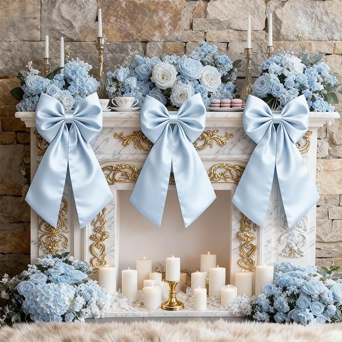 Blue Bow Decor as Crib Skirt 3 Pack Large Blue Bows Decoration 22 × 11 Inch Big Bow for Christmas Tree Gift Wrapping Coquette Party Background for Bachelorette Baby Shower Bridal Shower Wedding