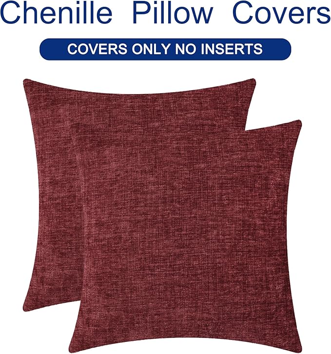 CaliTime Christmas Throw Pillow Covers Decorative 24 X 24 Inches Pack of 2 Cozy Chenille Cushion Cases for Couch Sofa Bed Living Room Home Burgundy