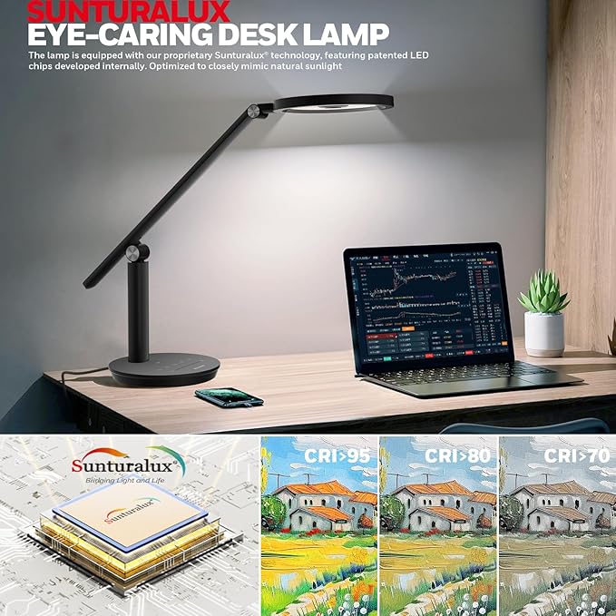 Honeywell Desk Lamp for Home Office, H6 Sunturalux™ Eye-Caring Led Desk Light, 800LM Dimmable Desk Lamp with Timer, Touch Control Tall Desk Reading Light, Table Lamp for Circle Webcam, Study, Bedroom