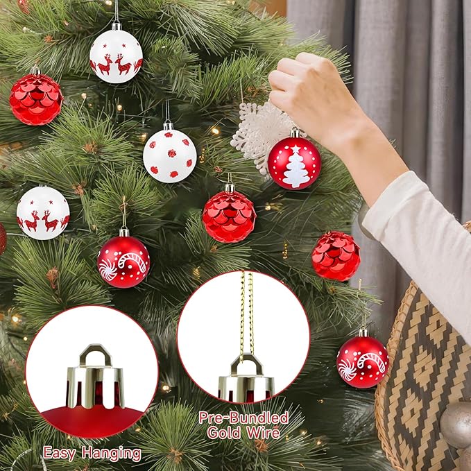 Christmas Ornaments Balls - 30 Pcs 2.4 Inch Shatterproof Plastic Christmas Balls Sets, Red & White Small Christmas Tree Ball Hanging Ornaments for Holiday Wreath Party Christmas Tree Decor (H)