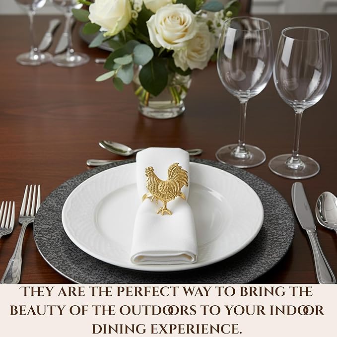 ALPHA Living HOME Set of 12 Rooster Napkin Rings for Farmhouse Table Decor | Premium Metal Chicken Dinnerware Holders | Rustic Kitchen & Holiday Party Table Setting (Gold)