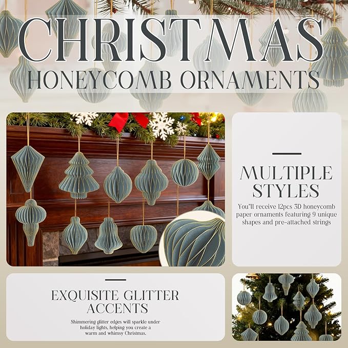 12Pcs Dusty Blue Paper Christmas Party Decorations, 3D Honeycomb Paper Hanging Ornaments with Glitter Edges, Classic Honeycomb Lantern Ornaments for Christmas Trees Winter Wonderland Party