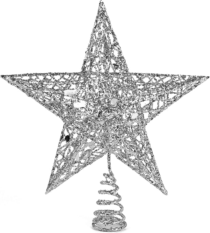 Ornativity Silver Star Tree Topper - Christmas Silver Glitter Sparkle Star Ornament Holiday Decor Top Toppers Xmas Decoration 9"